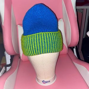Green and blue knitted beanie